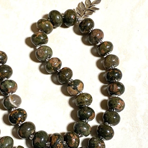 Cute Unakite Stone Silver Leaf Branch Necklace, Genuine Gemstone Beaded Necklace - Picture 7 of 9